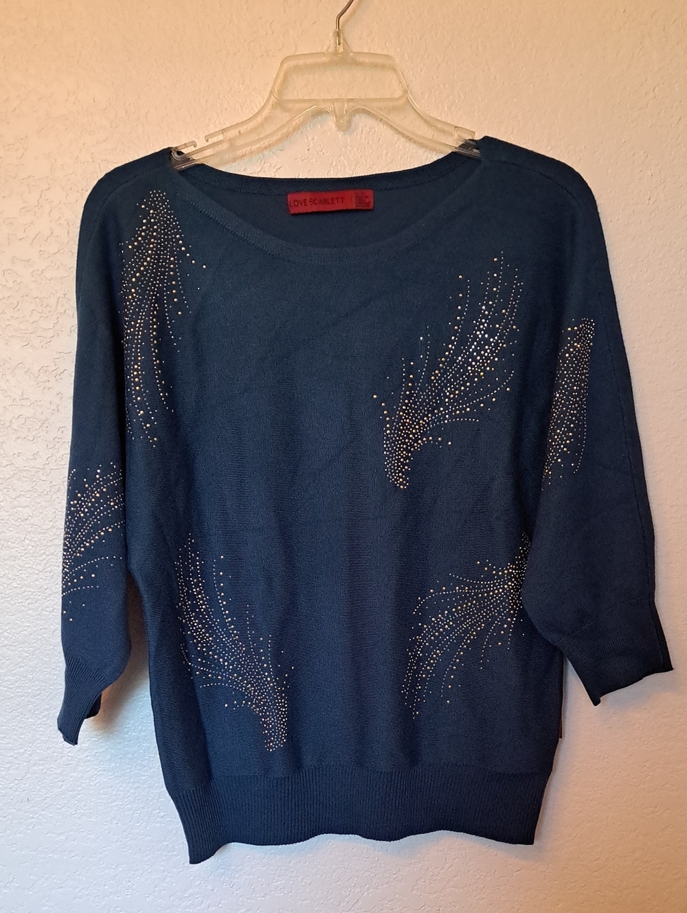 Blue Embellished Women's Top Love Scarlett 3/4 Sleeve Rayon Blend Scoop Neck